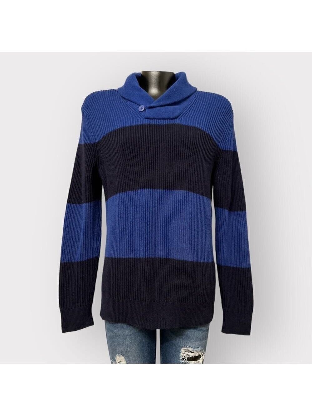 Express Popover Shawl Collar Sweater sz L Mens Twee Preppy Long Sleeve Navy Blue